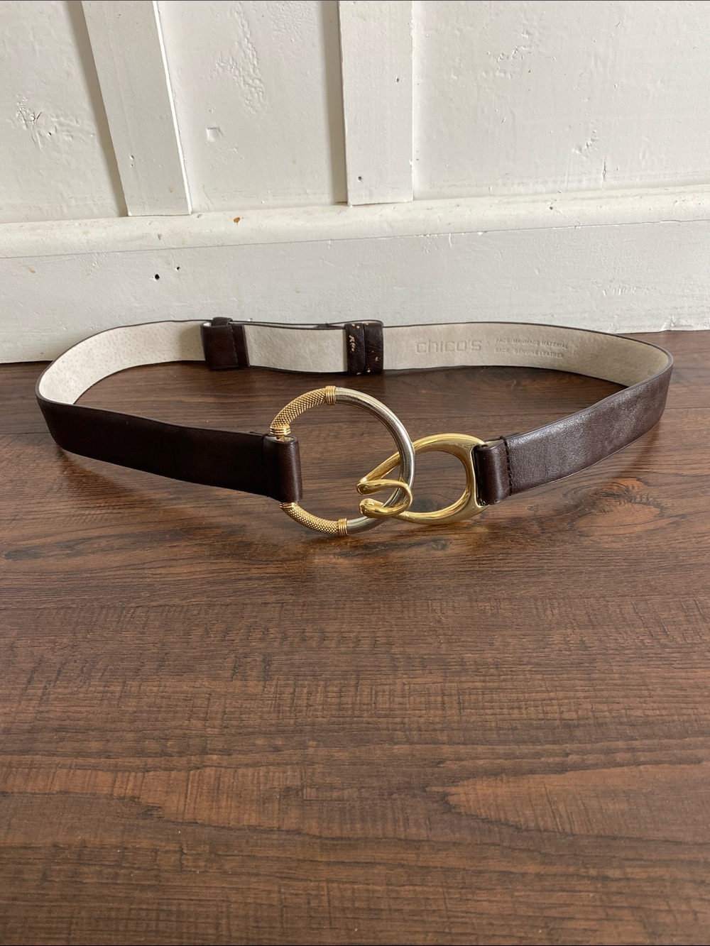 Chico's Vintage Adjustable Dark Brown Leather Belt With Gold & Silver Buckle
